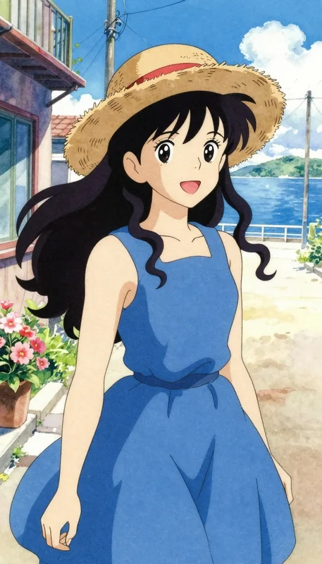 Anime Girl Coastal Street Watercolor Art Portrait