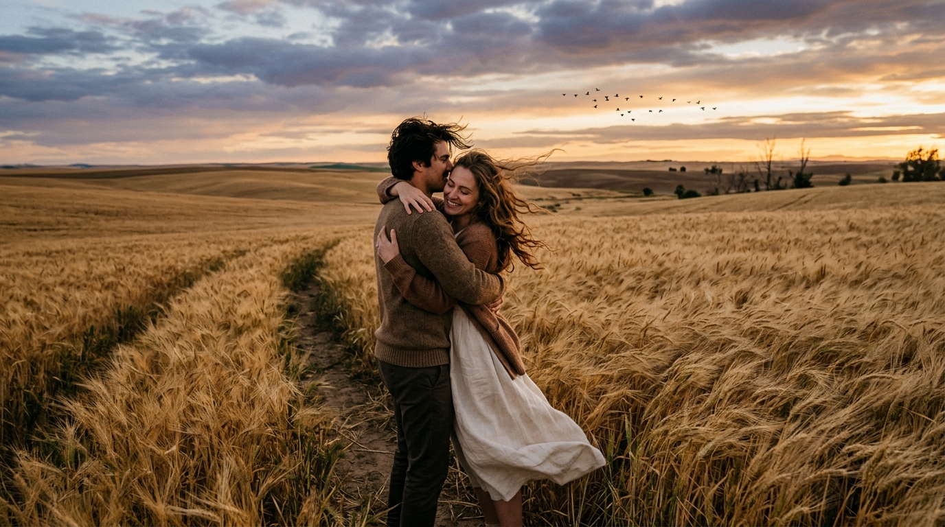 A Couple Embracing Tightly In A Golden Wheat Field At...