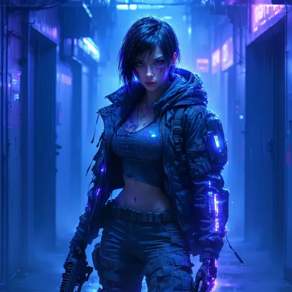 Cyberpunk Female Operative in Neon - Lit Urban Environment