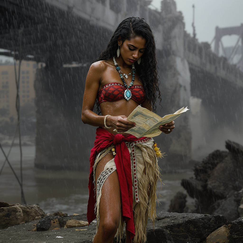 Hawaiian Woman in Desolate Cityscape: Stylized Fashion