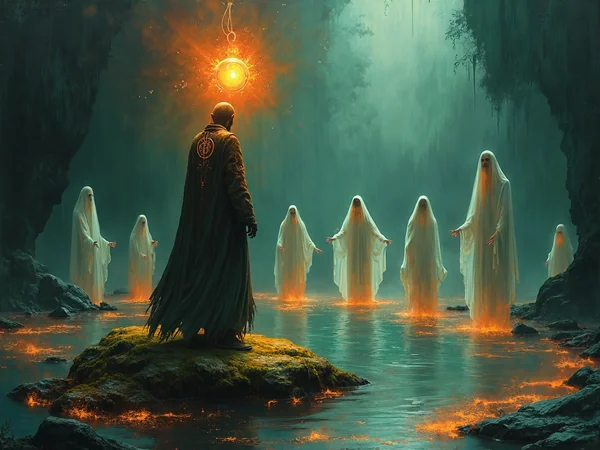 Abstract Mystical Painting: Druid in Glowing Lake Mine (Rep)