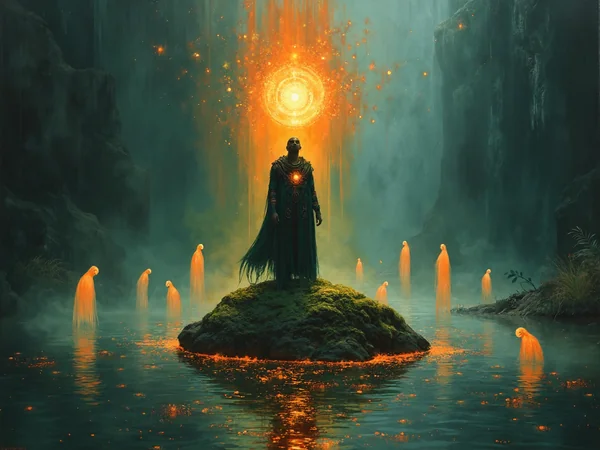 Abstract Mystical Painting: Druid in Glowing Lake Mine