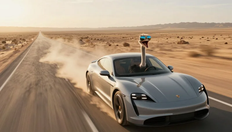 Ostrich Drives Porsche Taycan: Desert Madness