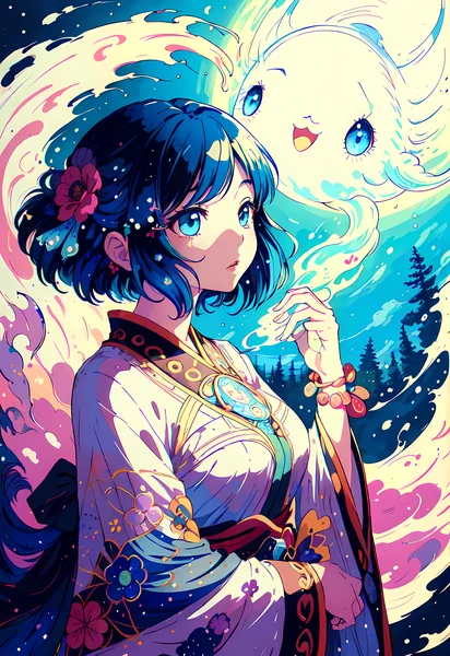 Anime Girl and Giant Ghost Art