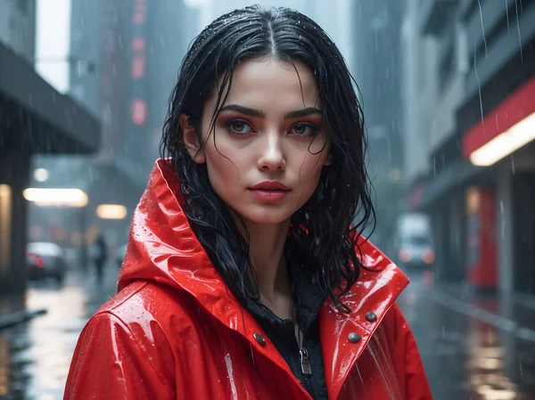 Woman in Red Raincoat Cinematic Art