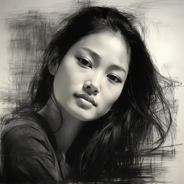 Charcoal Portrait Asian Woman Sketch