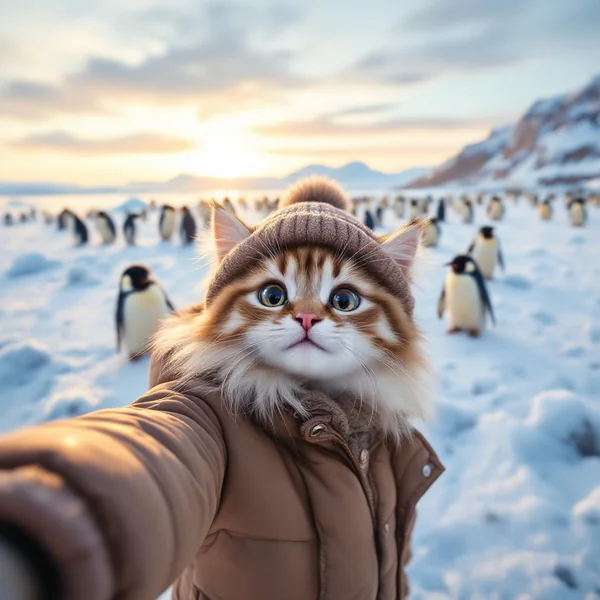 Cat Selfie with Penguins