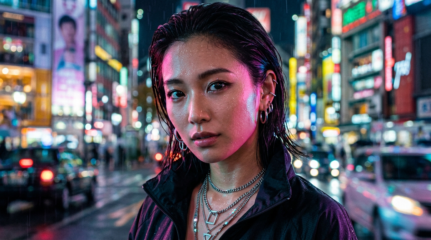 Close-up Of An Alluring Woman Under Neon Lights,...