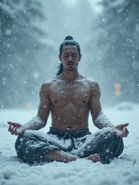 Meditating Ninja in Blizzard Scene