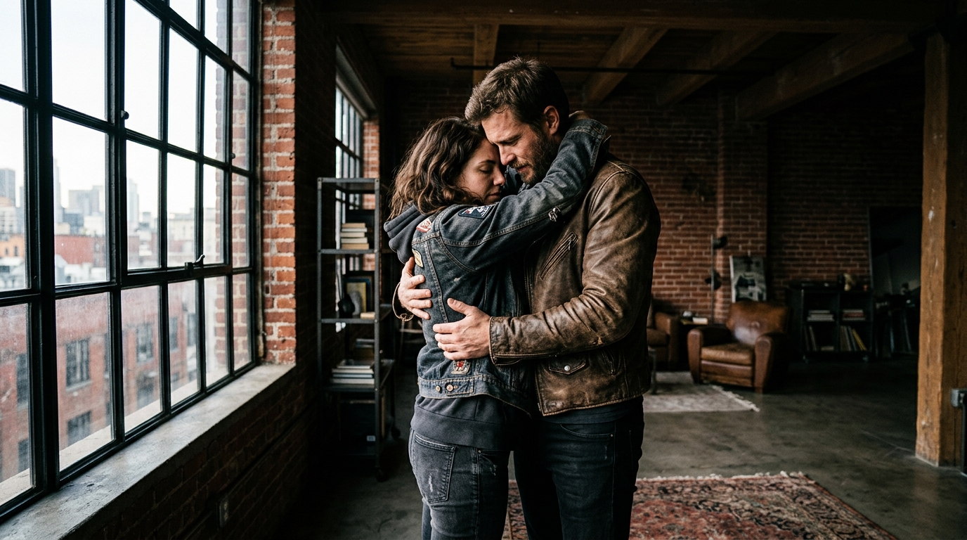 A Powerful Embrace In A Loft Apartment, Harsh Dramatic...