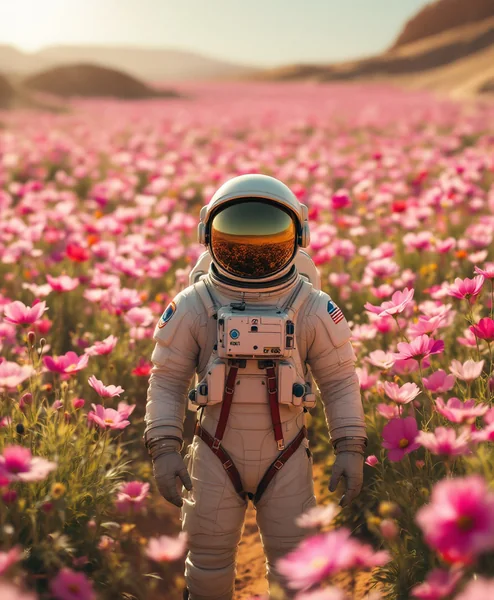 Astronaut in Pink Flowers on Mars