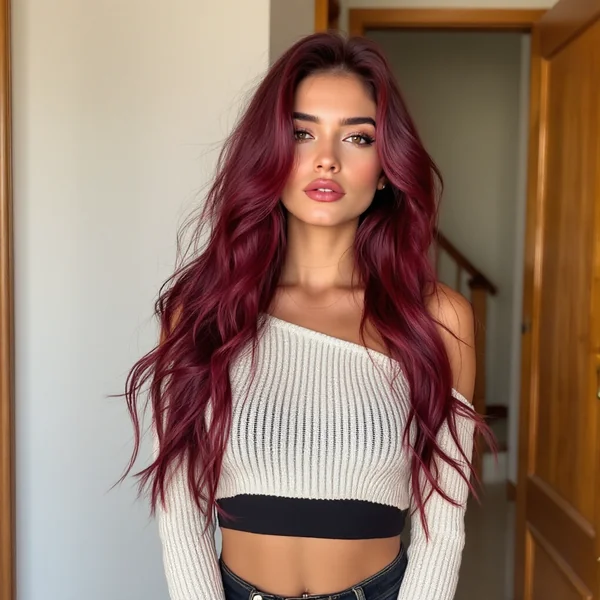 Image of Woman in Cream Crop Top by a Light - Colored Wall