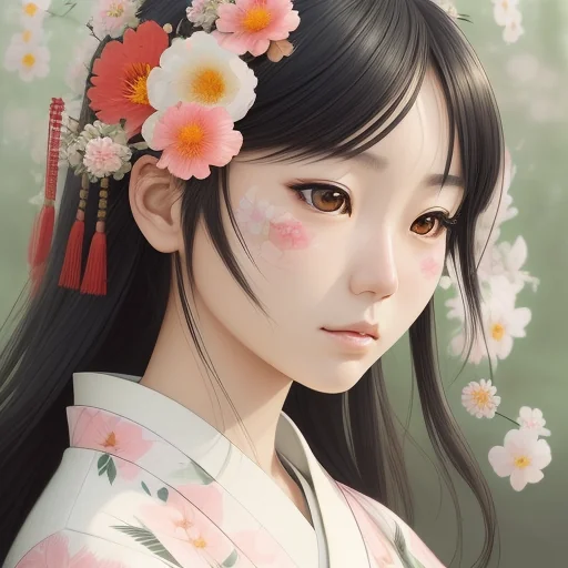 Japanese Girl Floral Cottagecore Art