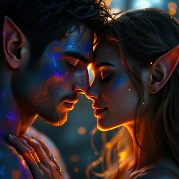 Elf Lovers in Intimate Embrace: Hyper - detailed Portrait