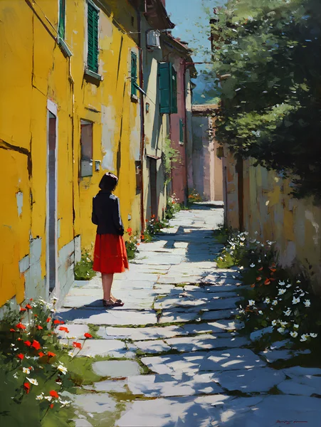 Painterly Scene: Middle - Aged Woman in European Alley