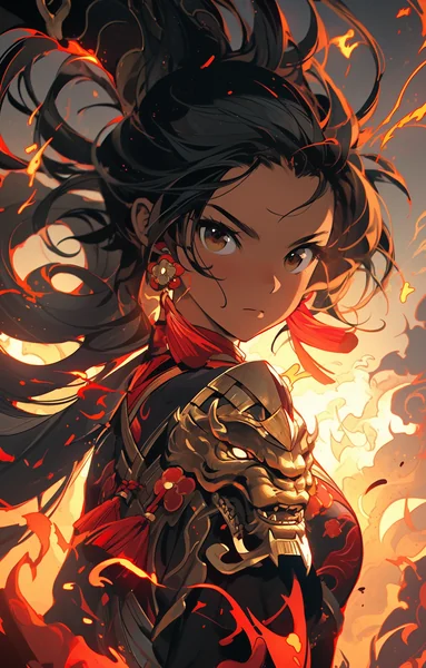 Golden Armor Woman Walking Fire