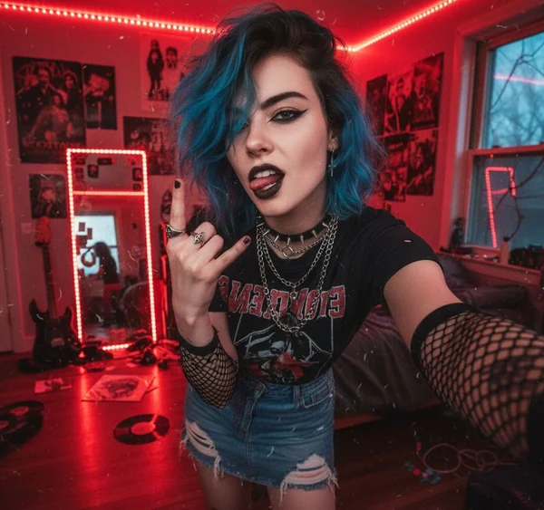 Punk - Girl Selfie: Rebellious Vibe in Messy Bedroom