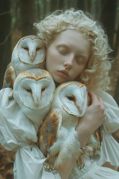 Ethereal Woman with Owls Fantasy Art