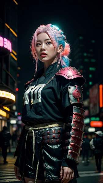 Cyberpunk Samurai Woman Street Scene