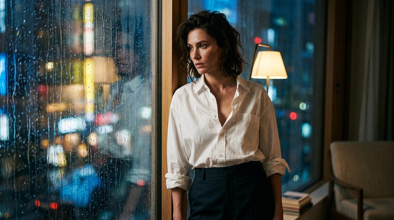 High-fashion Shot, A Woman Standing By A Rain-streaked...