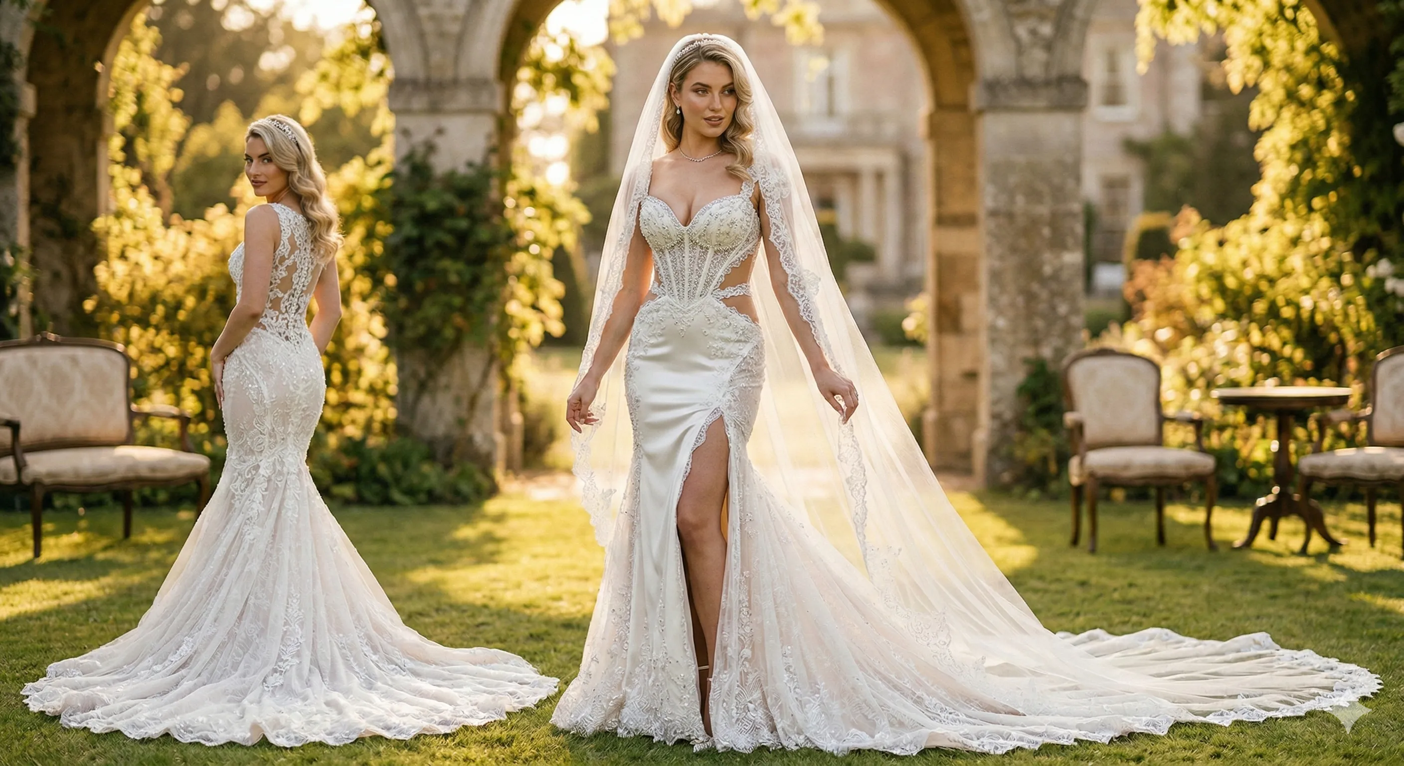 Beautiful Blonde Bride In An English Country Garden At...