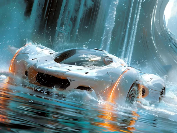 Futuristic Car Driving Through Water