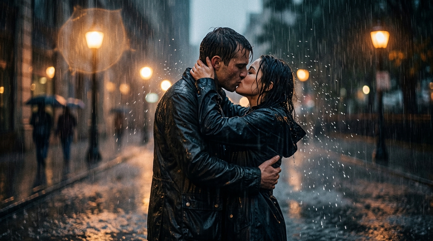 A Cinematic Shot Of A Couple Kissing Passionately In...