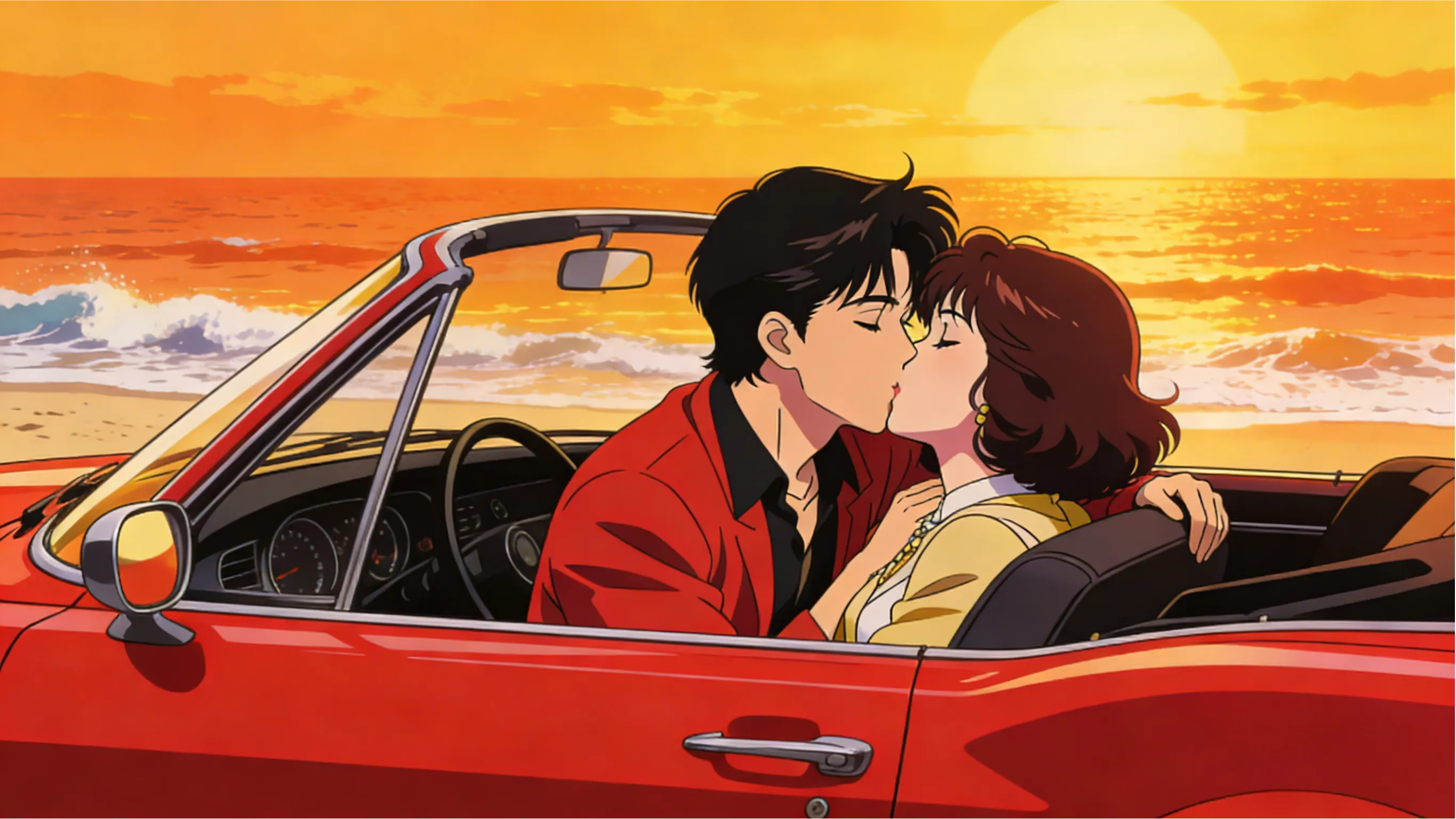 Vintage Anime Art, A Passionate Kiss In A Classic Red...