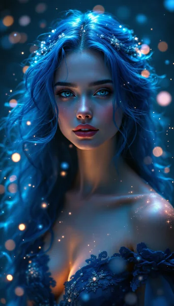 Breathtaking Fantasy Portrait of Mysterious Blue - Haired Woman with Celestial Atmosphere