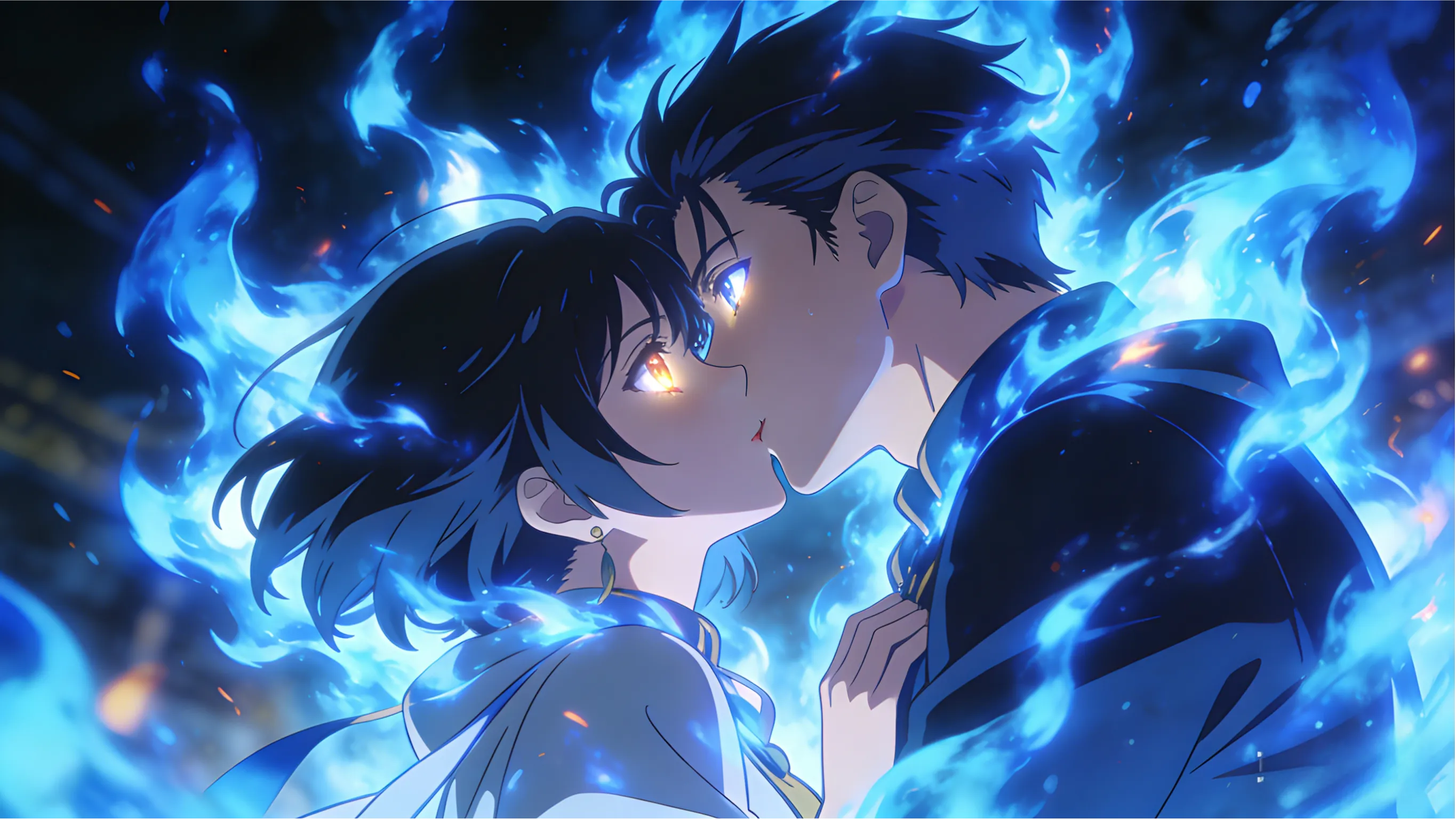 Ufotable Style Art, A Romantic Couple Kissing Amidst...