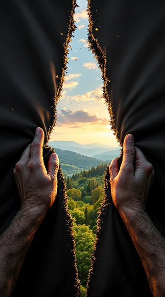 Hyper - Realistic Tear in Reality: Hands and Serene Landscape