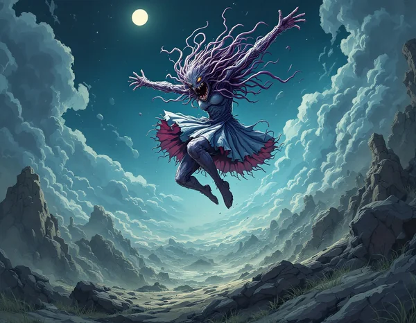Girl Jumping with Junji Ito - Style Backdrop: Horror - Anime Fusion