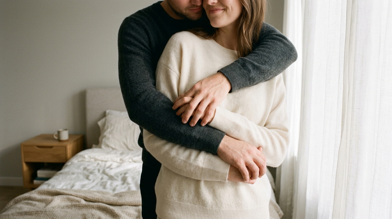 An Intimate Embrace In A Minimalist Bedroom, A Man...