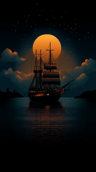 Retro Pixel Art Ghost Ship Night Scene