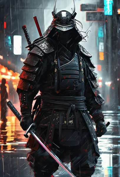 Faceless Samurai Night Rain Portrait