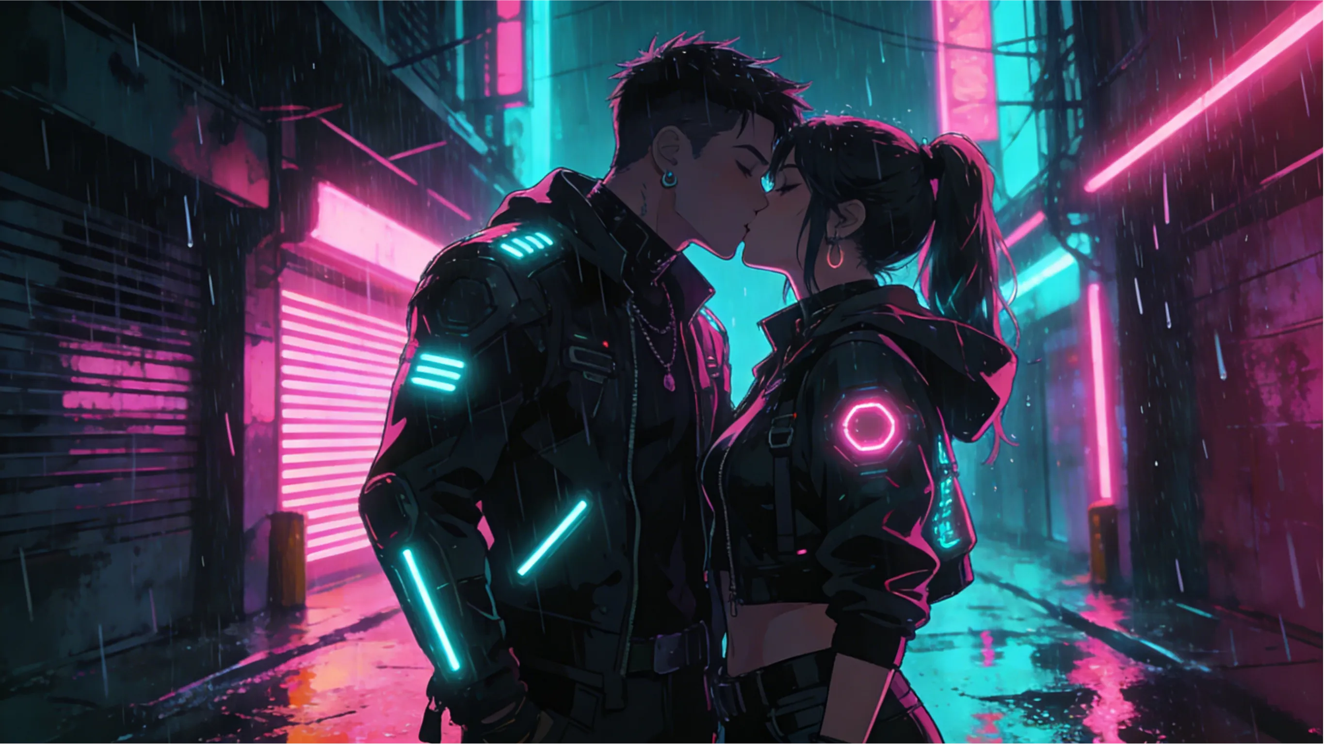 Cyberpunk Anime Style, An Edgy Couple Sharing A Kiss...
