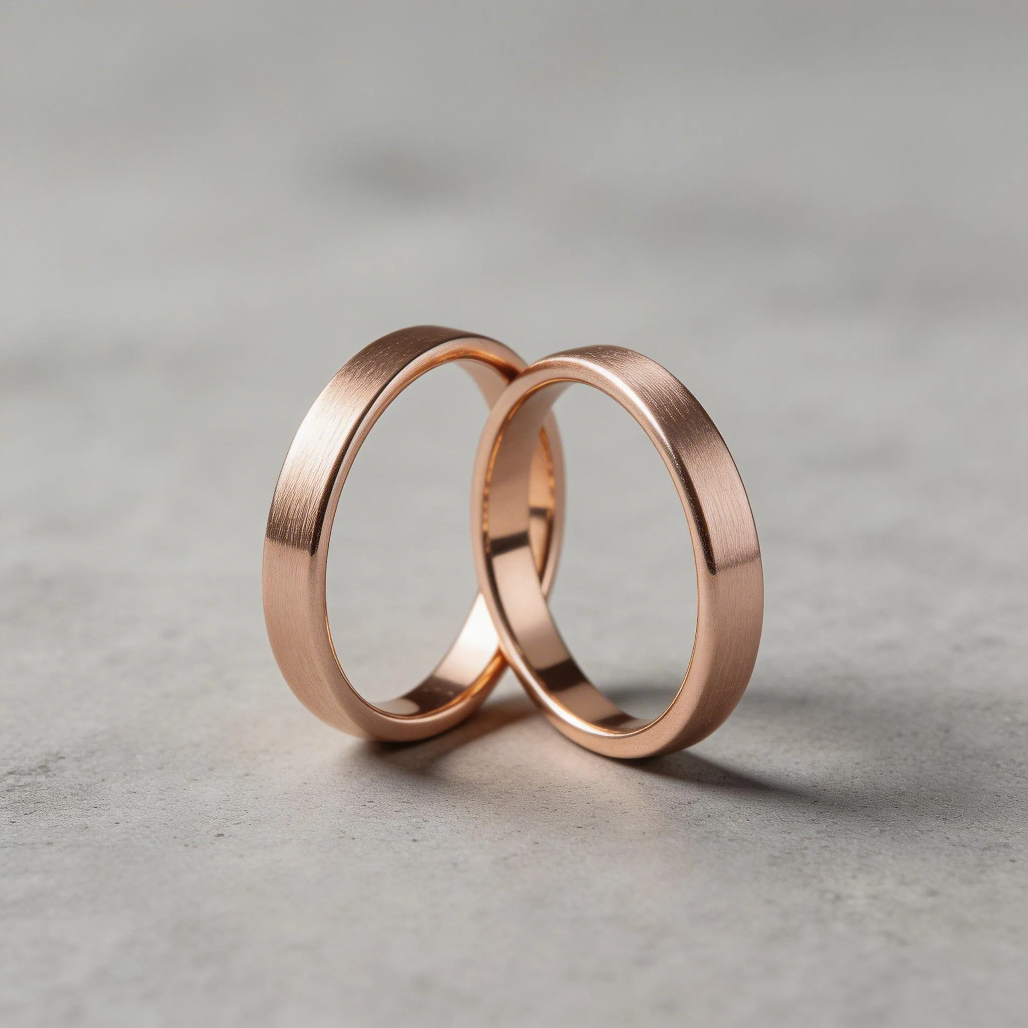 Two Minimalist Brushed Rose Gold Wedding Bands Leaning...