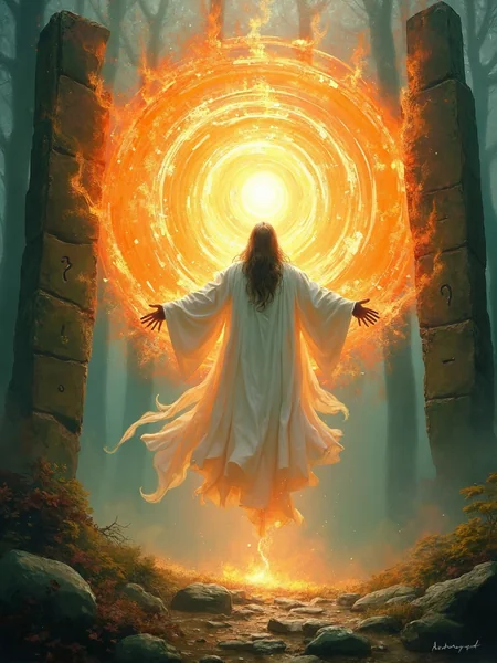 Abstract Surreal Painting: Druid in Glowing Ancient Forest