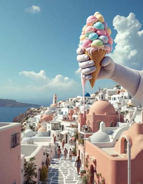 Surreal Santorini Ice Cream Scene