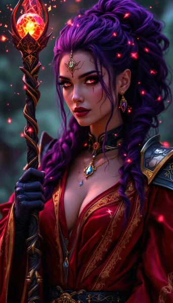 Ultra - Realistic Action Shot: Crimson Sorceress in Mystical Power