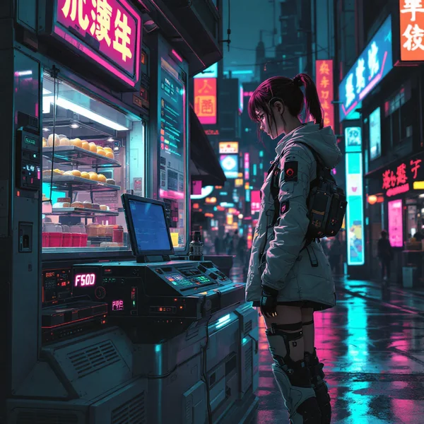Cyberpunk Girl Food Vendor Scene
