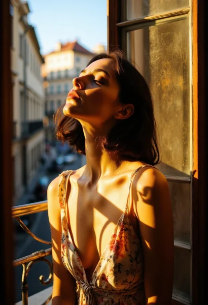 Woman Sunbathing on Balcony: Serenity in an Old Town
