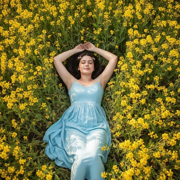 Woman Sleeping in Field of Yellow Flowers: Peaceful Scene