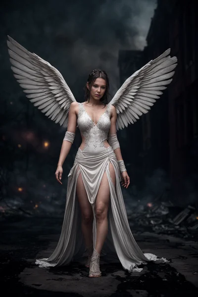 Sad Angel in Post-Apocalyptic Ruins