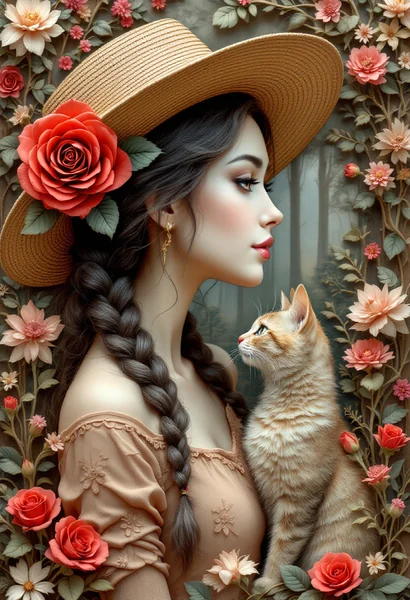 Wooden Relief Woman and Cat Art