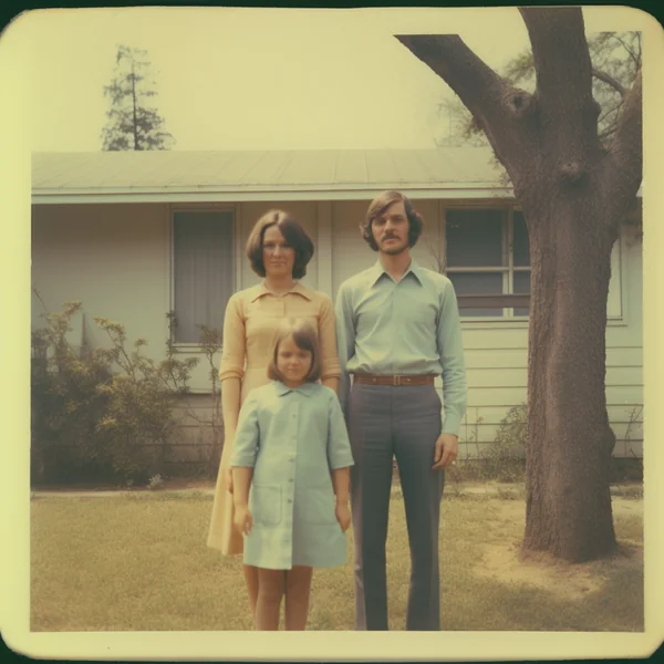 Family in Front of House Vintage Style
