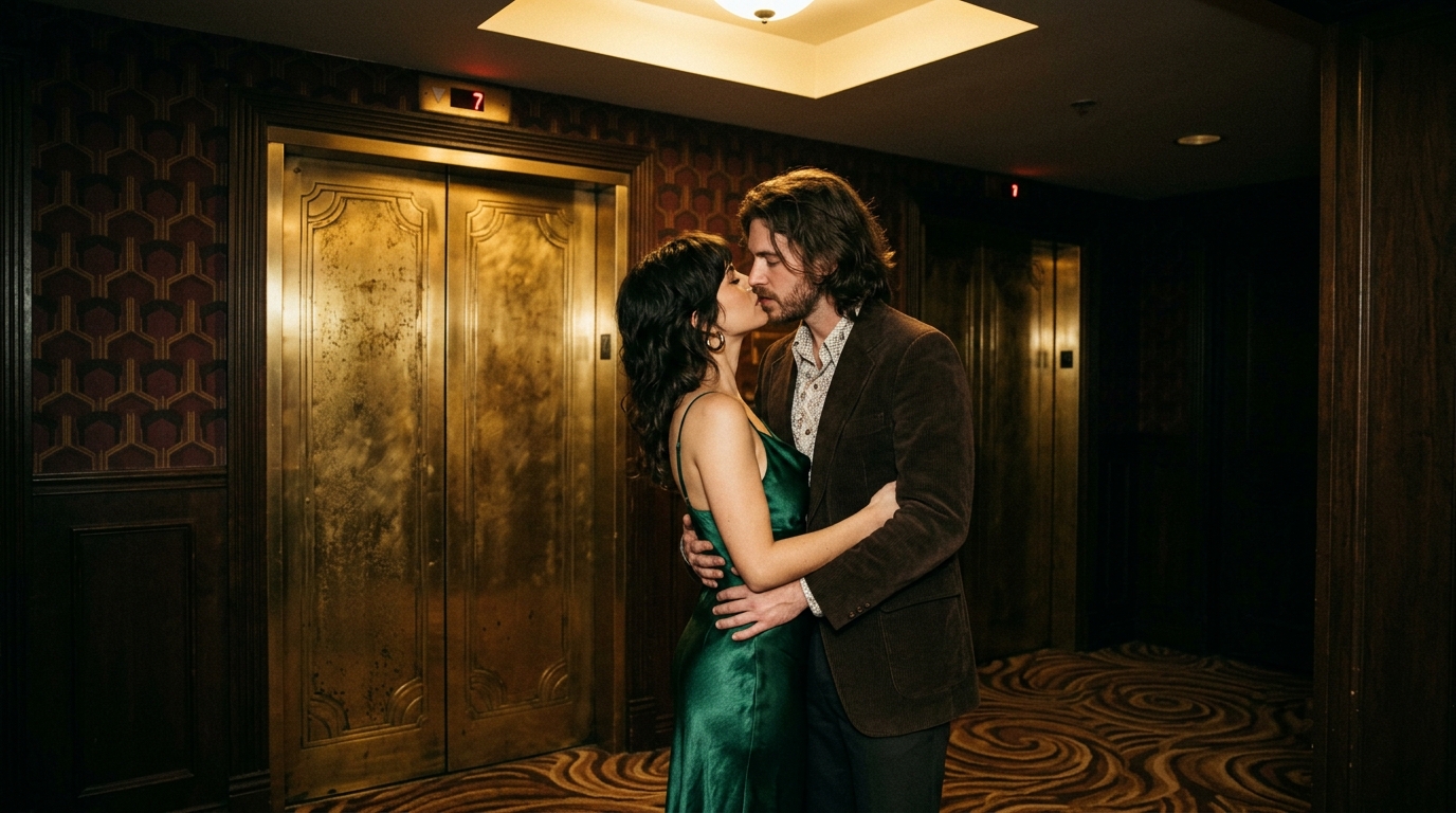 An Alluring Couple Kissing Against A Gold Elevator...