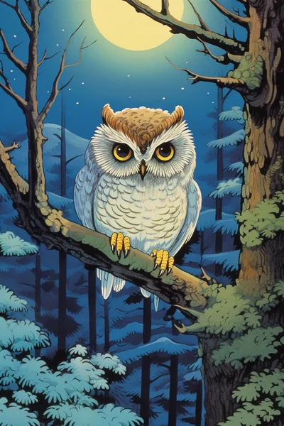 Wise Owl Painting Moonlit Fantasy