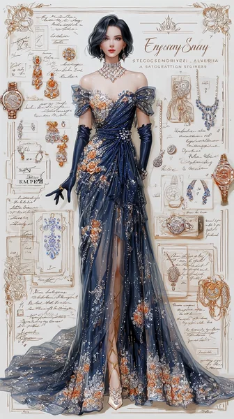 Elegant Woman in Black Ball Gown: Fashion Illustration