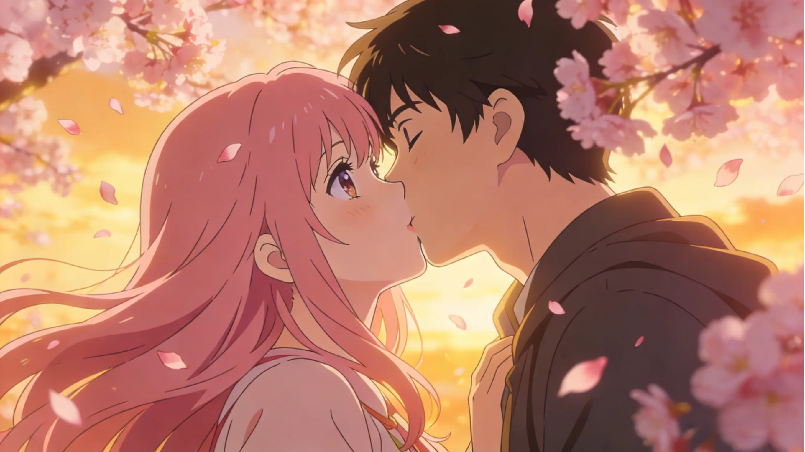 Romantic Kiss Between A Beautiful Anime Girl With Long...